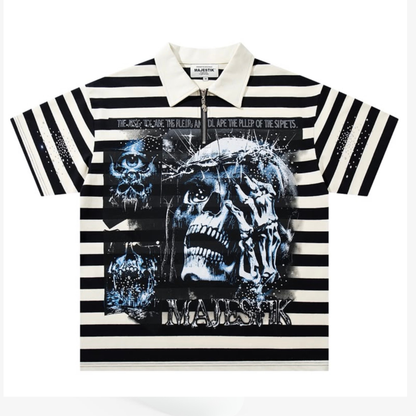 A short-sleeve polo shirt with black and white horizontal stripes, featuring a large blue-toned skull graphic and the word 'MAVSHIK' on the front, with a small zipper at the collar.