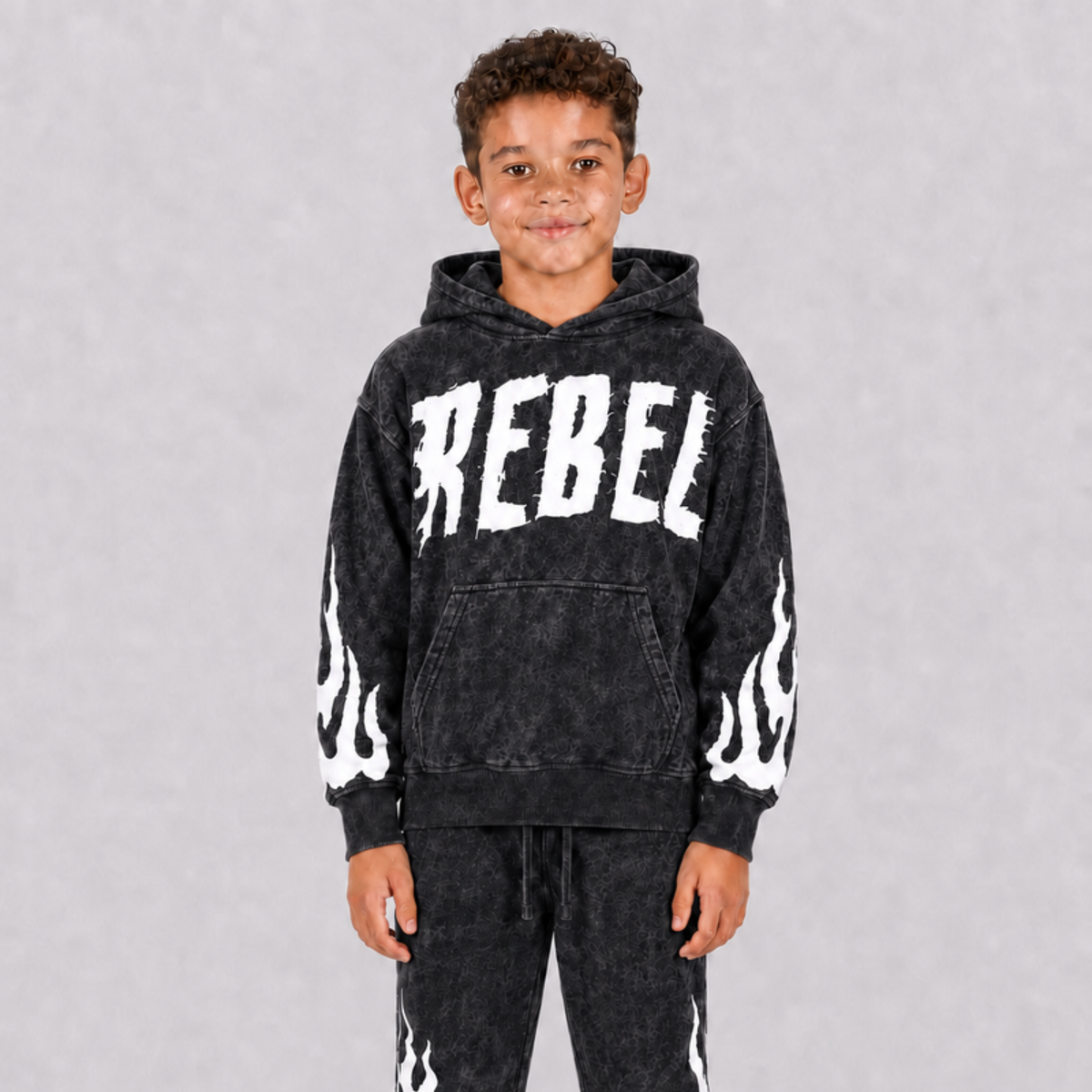 Kids Rebel Flame Fleece Black Wash Hoodie