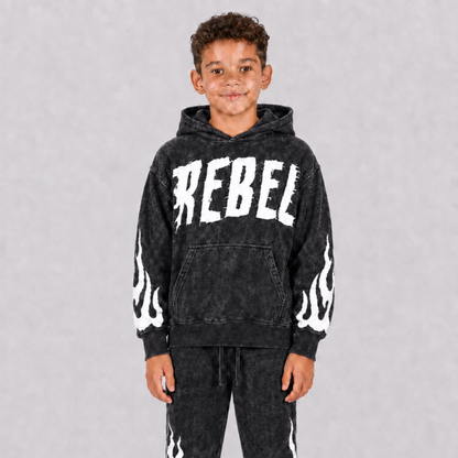 Kids Rebel Flame Fleece Black Wash Hoodie