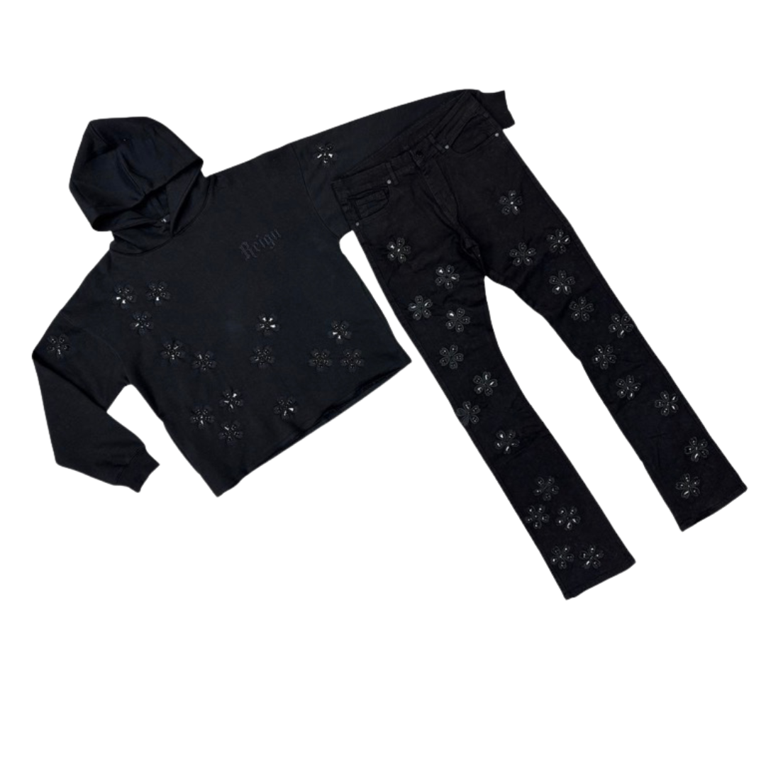 Black Rhinestone Floral Embellished Jeans