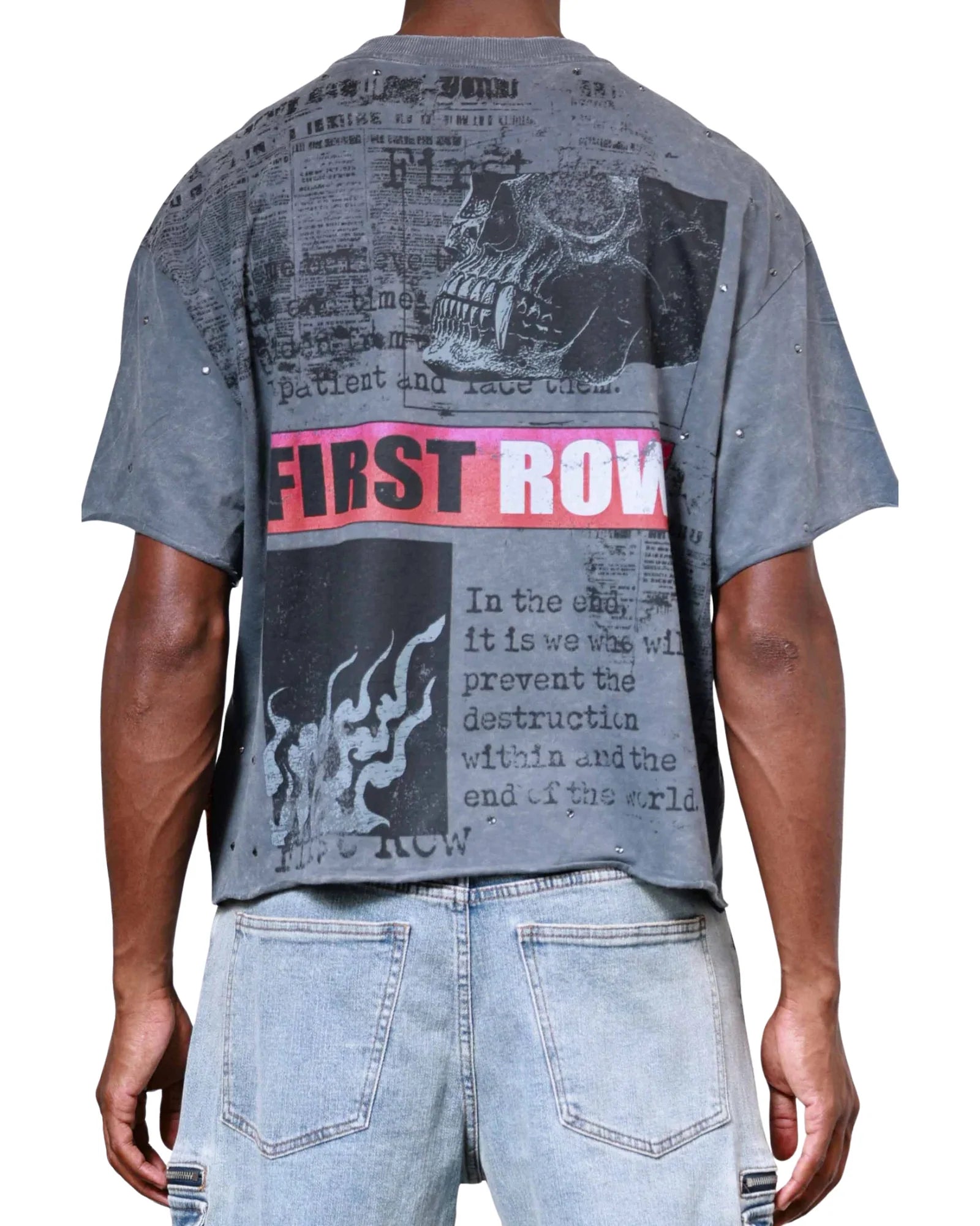 Mens First Row Burning Flames Rhinestone Tee