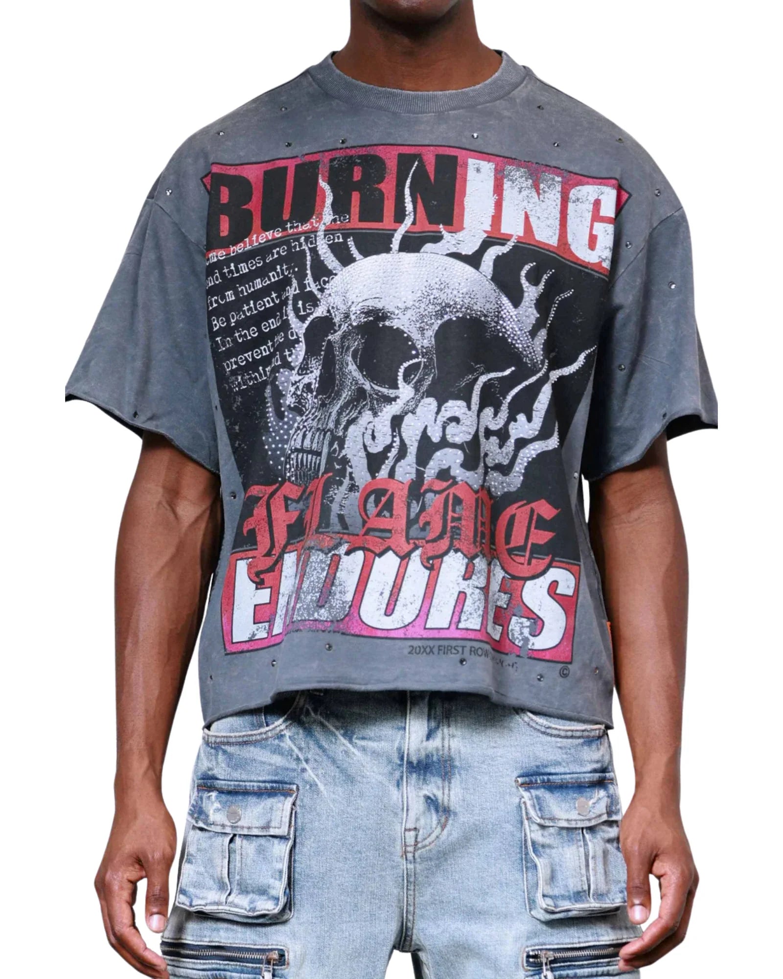 Mens First Row Burning Flames Rhinestone Tee