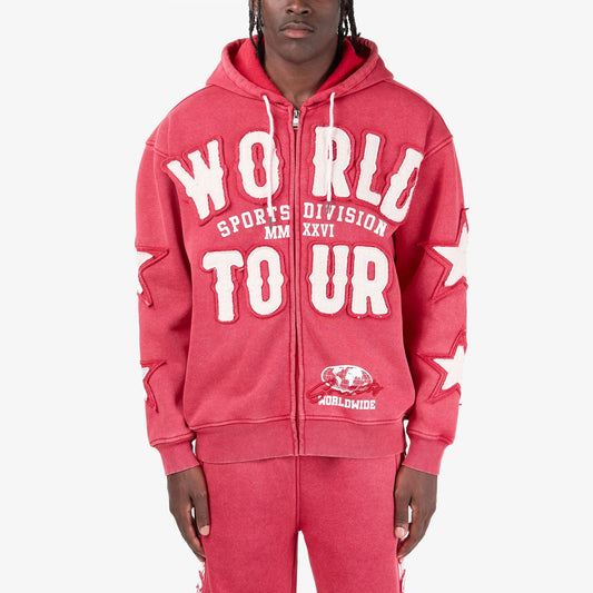 Mens World Tour  Hoodie – Vintage Wash Red