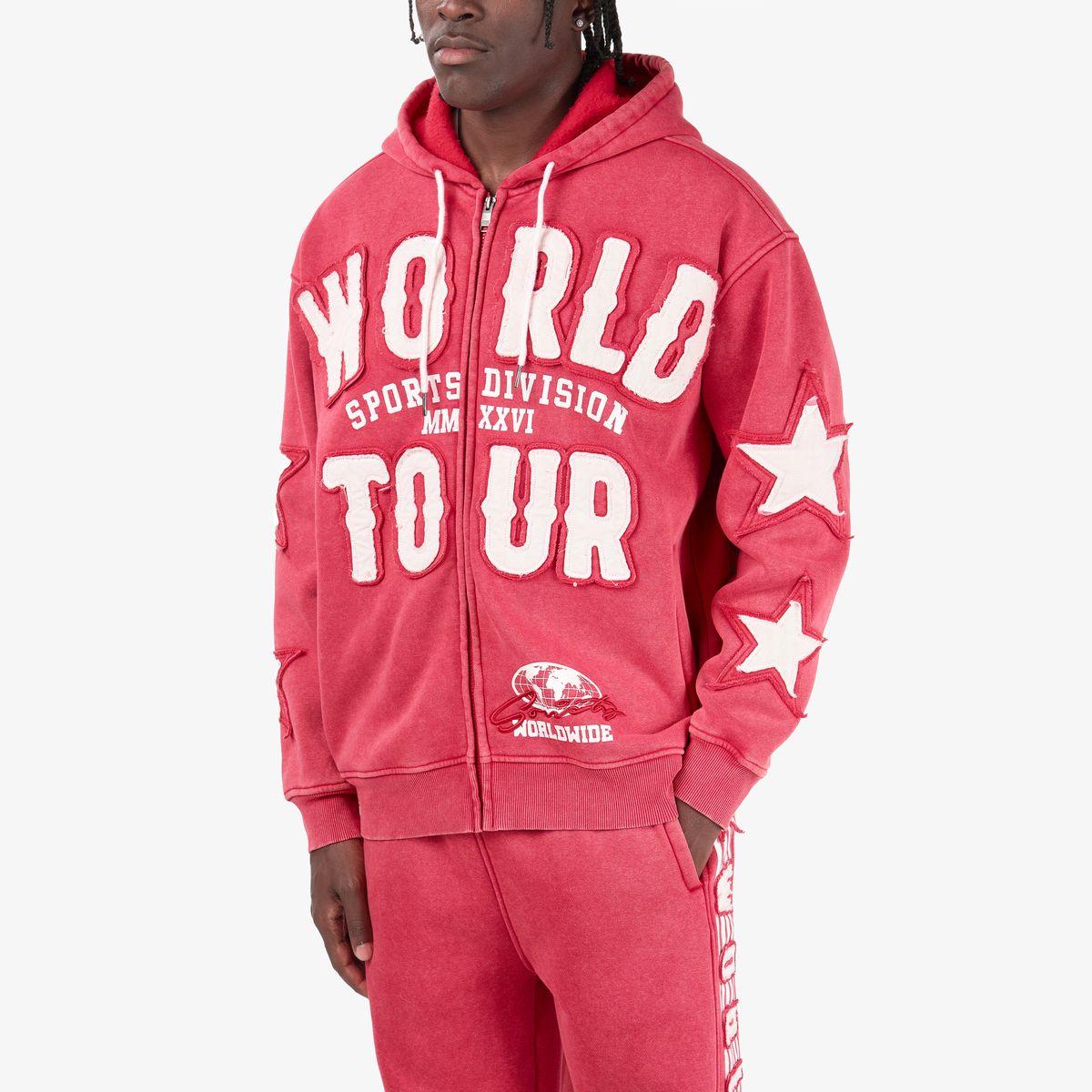 Mens World Tour  Hoodie – Vintage Wash Red
